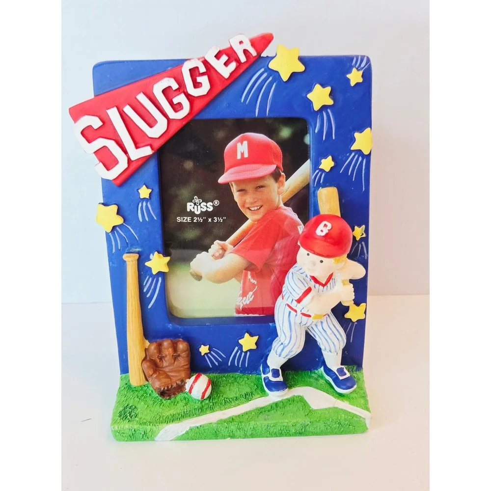 Russ Berrie Slugger Baseball Picture Frame Blue Red 3D Resin 14542 2.5x3.5 Photo
